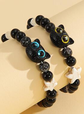 2026天然黑檀呆萌小黑猫手串男女情侣款檀木手链复古文玩佛珠饰品