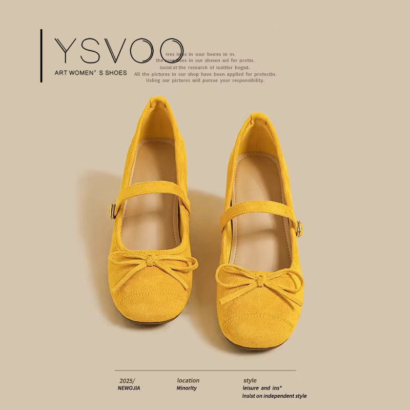 YSVOO2026新款黄色蝴蝶结浅口单鞋女平底休闲鞋甜美可爱