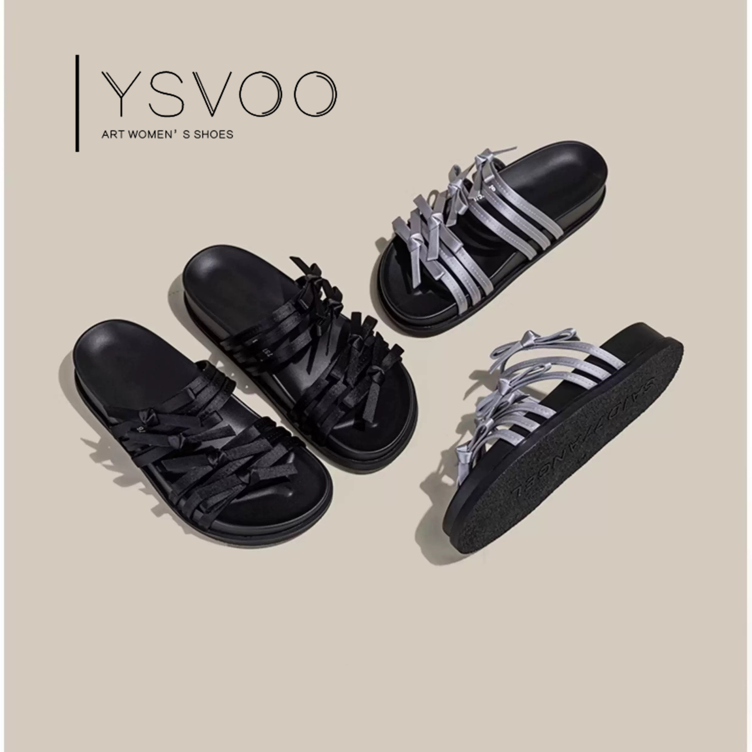 YSVOO【法式】厚底绑带蝴蝶结一字拖女夏外穿编织百搭防滑凉拖鞋