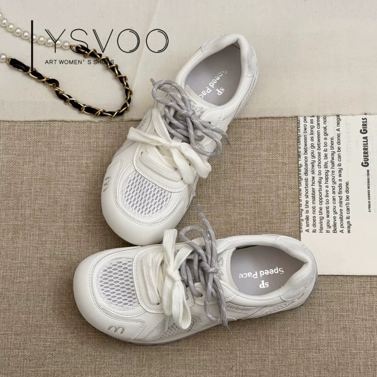 YSVOO网面德训鞋女白色透气轻便运动鞋休闲板鞋简约系带低帮鞋
