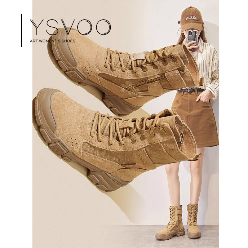 ysvoo帆布马丁靴女2025新款秋冬真皮时尚爆款厚底沙漠短靴登山鞋