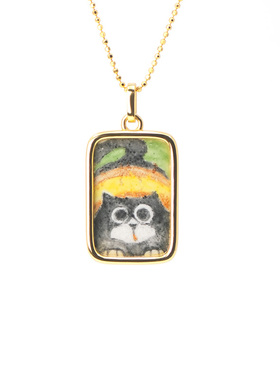 原创猫咪彩绘吊坠项链 女 ins小众设计 复古金色锁骨链 礼物