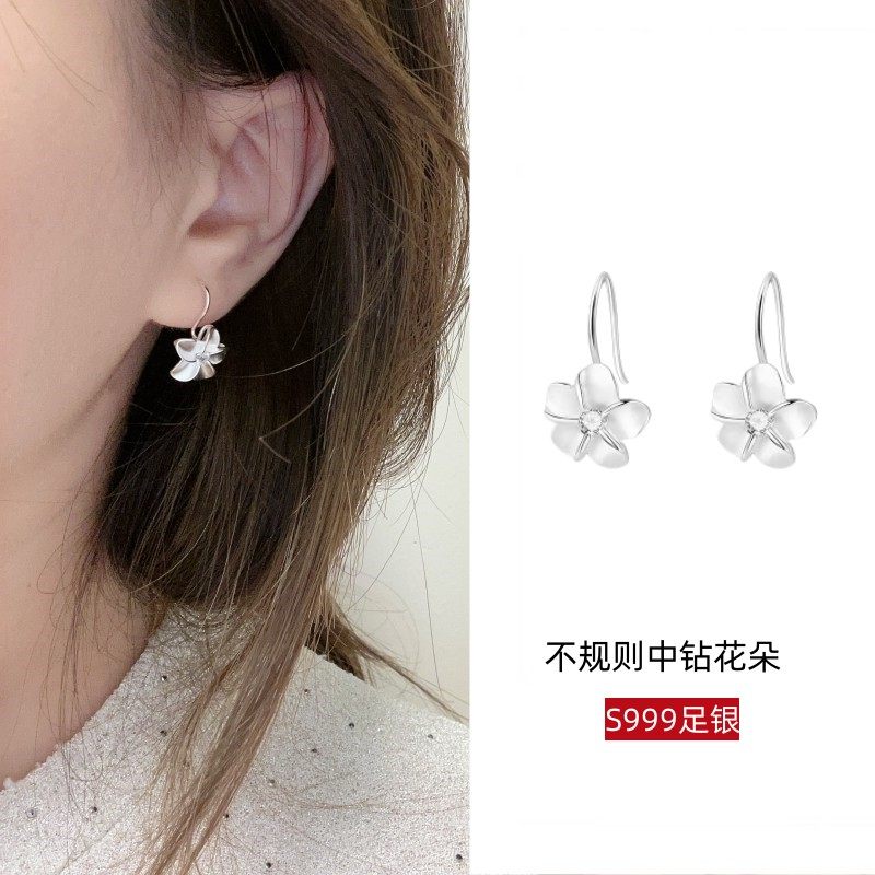 礼轩 s999纯银锆石花朵耳环女小清新耳钉小众设计养耳洞耳饰钻石