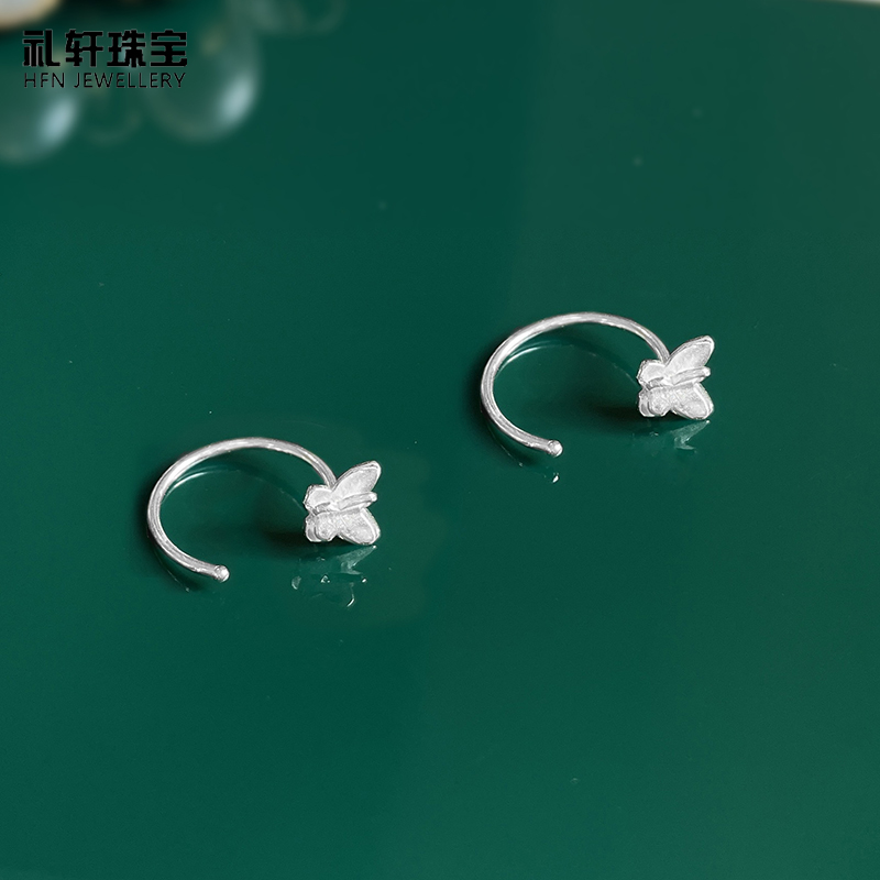 S999纯银蝴蝶耳环立体圆圈