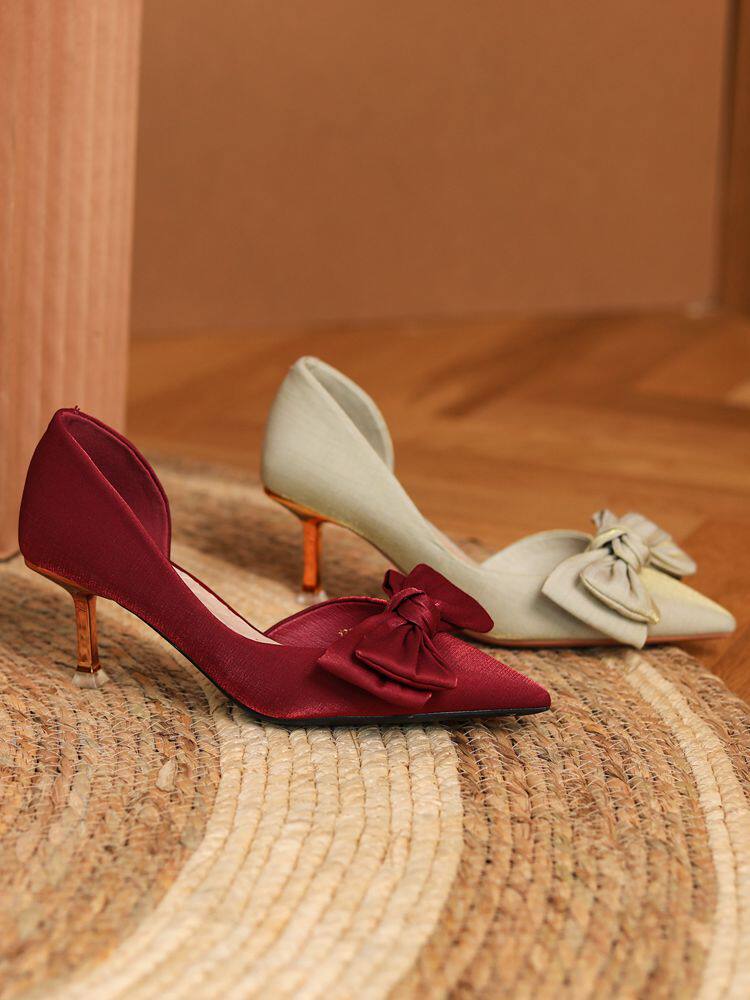 WINE RED HIGH HEELS WOMENS STILETTO POINTED BOW SINGLE SHOES FRENCH WEDDING SHOES BRIDAL SHOES TOAST XIUHE SHOES SATIN