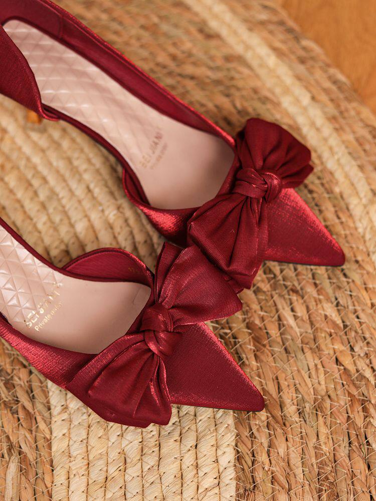 WINE RED HIGH HEELS WOMENS STILETTO POINTED BOW SINGLE SHOES FRENCH WEDDING SHOES BRIDAL SHOES TOAST XIUHE SHOES SATIN