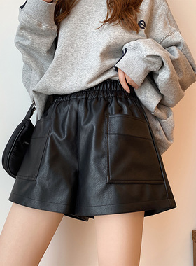 皮短裤秋冬季女装宽松显瘦松紧腰PU皮裤百搭高腰阔腿裤休闲短裤潮
