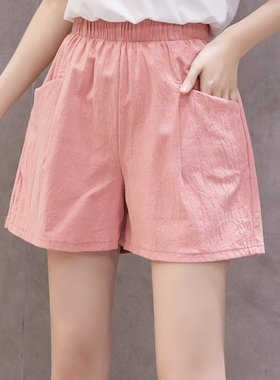 短裤女夏宽松大码阔腿居家运动棉麻短裤薄款外穿亚麻高腰休闲裤子