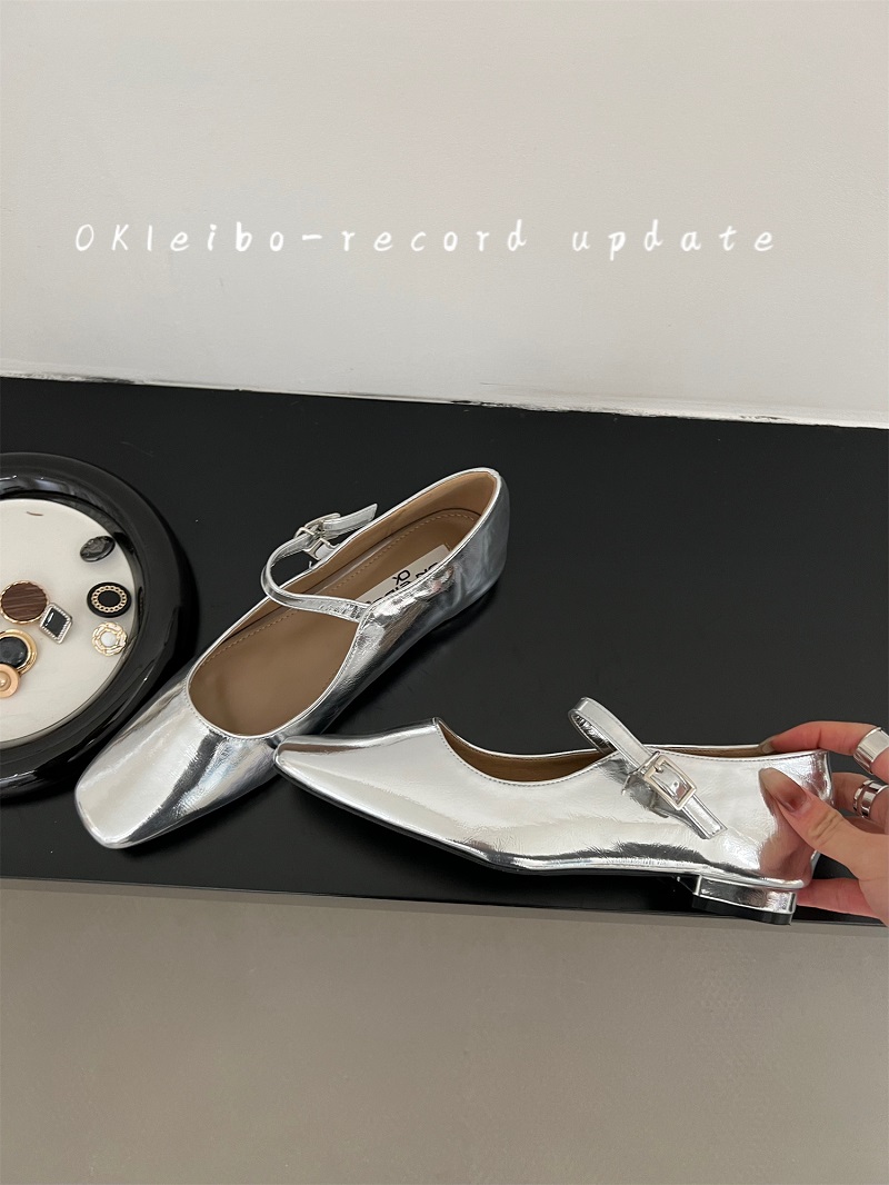 OKLEIBO Square-head Mary Jane Shoes Women's Spring All-match Fairy Dress Slimming Shallow Mouth Silver Single-layer Shoes with Buckle