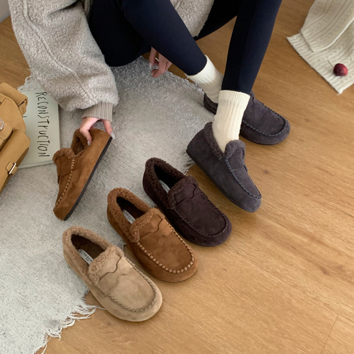 BULAGE冬季羊羔毛保暖乐福鞋女加绒一脚蹬小皮鞋皮毛一体增高厚底