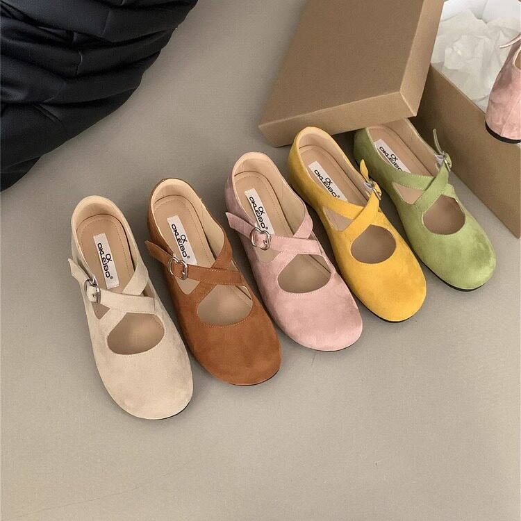 复古绒面交叉扣带内增高黄色玛丽珍鞋女鞋子温柔晚风通勤芭蕾单鞋