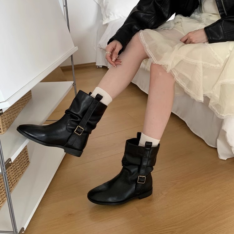 BULAGE女靴复古骑士靴女秋显瘦百搭美拉德绒面短靴黑色低跟中筒靴