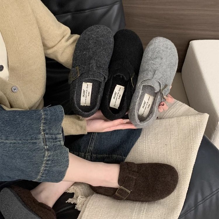 灰色毛毛鞋女冬外穿新款勃肯鞋厚底加绒保暖棉鞋百搭呢子乐福单鞋
