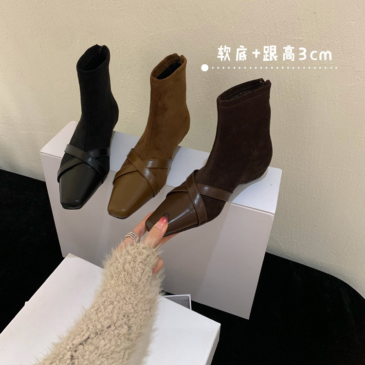 复古风小短靴女秋冬绒面拼接小方头瘦瘦靴3CM跟高法式马丁靴