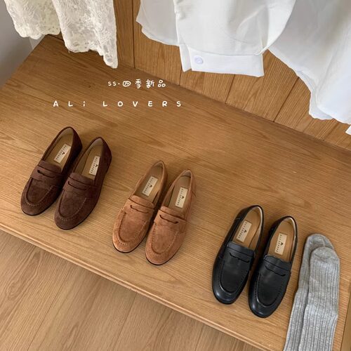 AL女鞋2026春季新款韩国绒面小皮鞋女英伦复古风一脚蹬乐福鞋单鞋