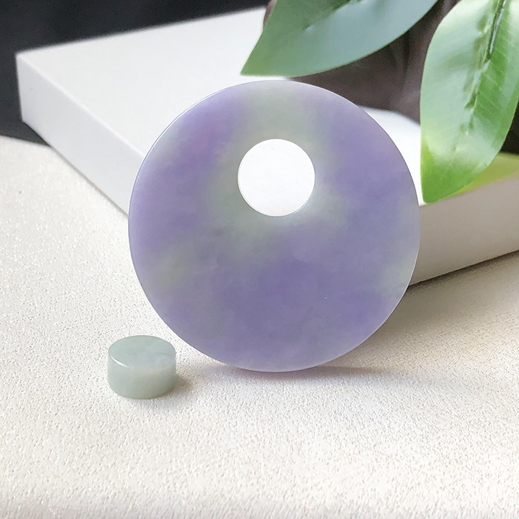 浓紫平安无事牌 大艺珠宝糯冰种紫罗兰春彩翡翠a货子母扣裸石定制