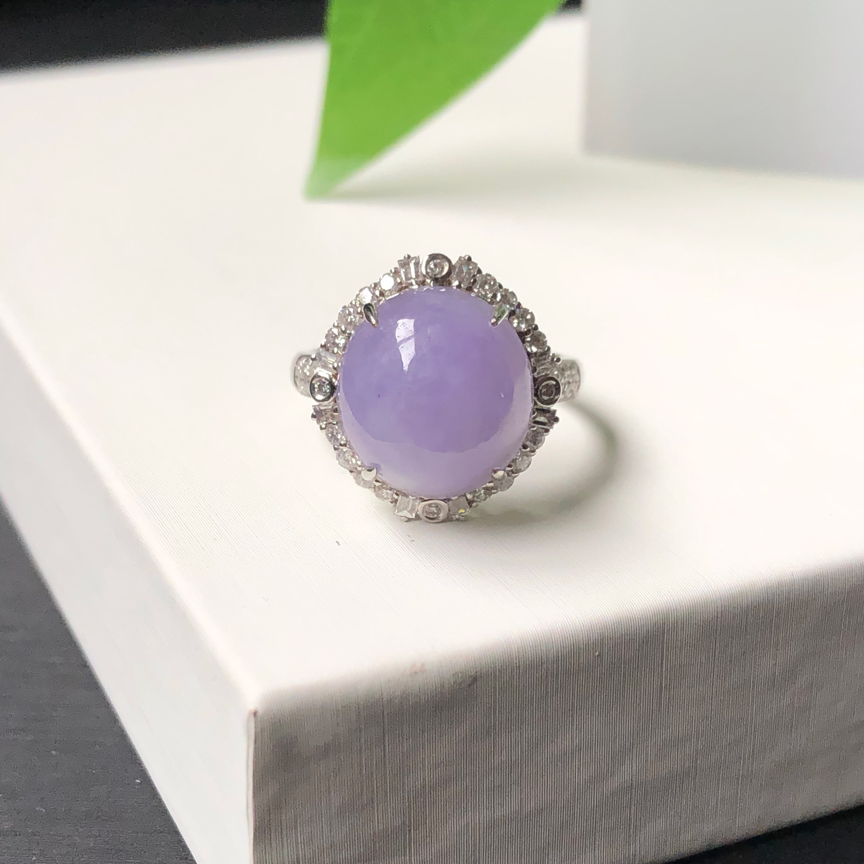 大艺珠宝18k金镶钻冰种冰紫翡翠蛋面戒指缅甸天然翡翠a货玉石戒指