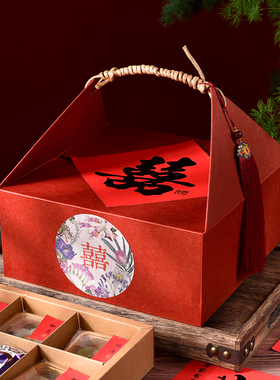 结婚喜糖包装盒中式高档婚礼红色喜饼花酥手提礼品盒空盒子大容量