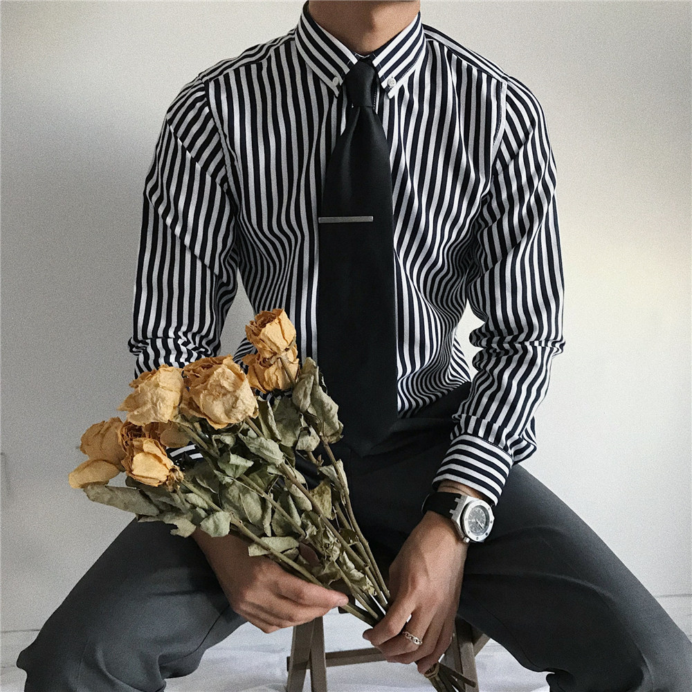 新品黑白条纹男衬衫基础长袖衬衣秋冬个性休闲百搭帅气
