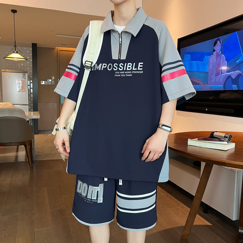 不起球不褪色翻领短袖T恤套装男