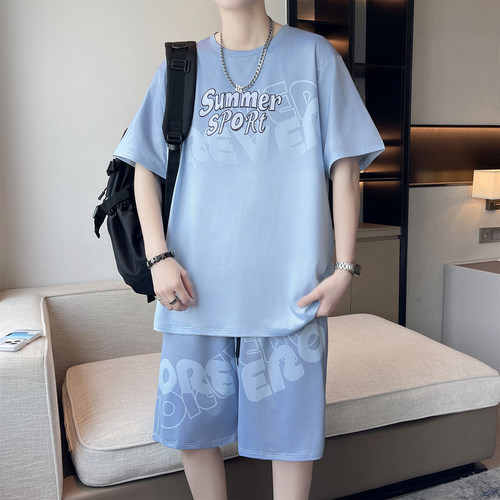 青少年夏季套装2025新款男孩初高中学生冰丝短袖t恤大童运动衣服