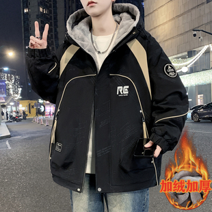 秋冬款棉衣外套男孩初中学生加绒加厚夹克青少年帅气大童冬装棉服