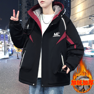 秋冬款加绒加厚外套男孩初中高中学生潮流帅气青少年大童夹克棉服