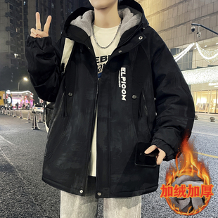 秋冬季外套冲锋衣男2025新款加绒加厚连帽夹克青少年男生冬装棉服