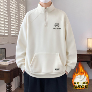 秋冬季新款加绒卫衣男孩初中学生加厚半高领打底衫青少年大童上衣