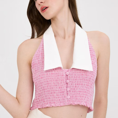 泰国潮牌 papers粉色西装领挂脖露肩短款修身无袖上衣