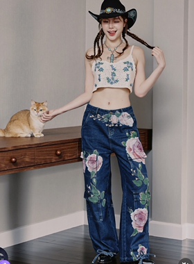 泰国潮牌 obchoeii 玫瑰印花深蓝色工装牛仔裤 orm同款