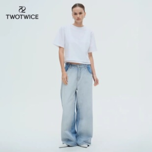 泰国潮牌 twotwice boyfriend男友风直筒深蓝牛仔裤 lingling同款