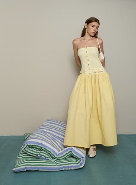 泰国小众品牌 pleased抹胸淡黄长裙