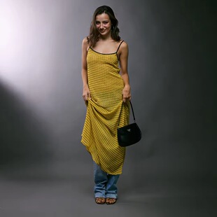 泰国潮牌 透视感黄色格纹吊带连衣裙 imnotamorningperson