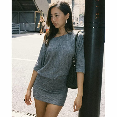 泰国小众 something apparels 灰色斜肩短袖包臀裙