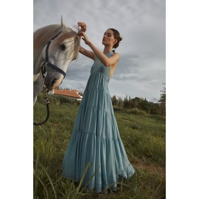 泰国潮牌 pleased蓝色挂脖露背连衣裙