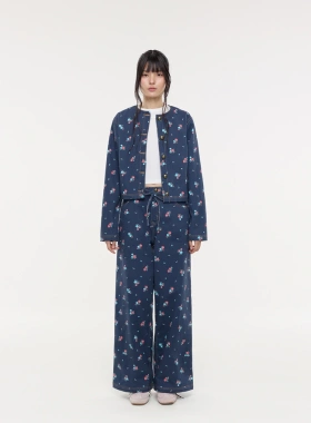 泰国潮牌 gentlewoman 蓝色玫瑰碎花牛仔外套长裤