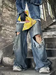 (in Stock) 23Ss Distressed Mud-Dyed Ripped and Destroyed Jeans Baggy Inakaya Fog