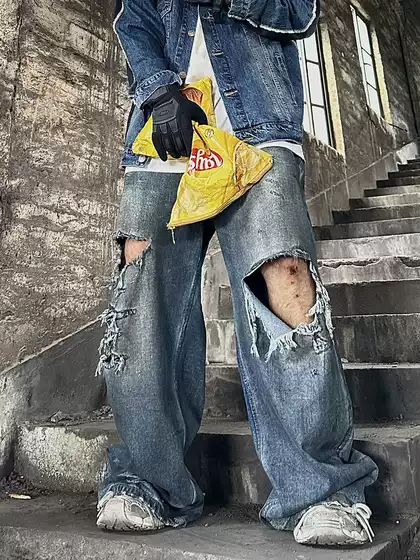 (in Stock) 23Ss Distressed Mud-Dyed Ripped and Destroyed Jeans Baggy Inakaya Fog