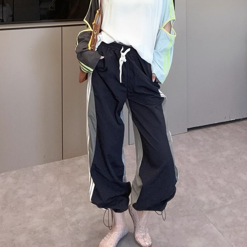 运动裤休闲裤女款2025新款春夏抽绳束脚侧条纹宽松长裤子欧洲站j