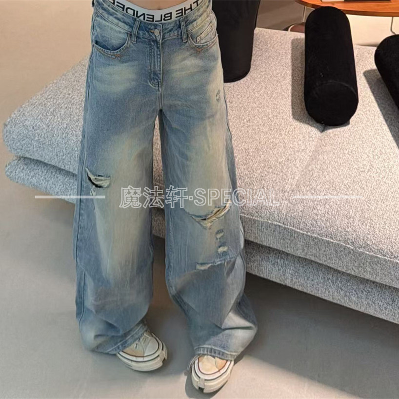 高腰破洞牛仔裤女春季2026新款宽松阔腿裤拖地裤休闲长裤欧洲站q