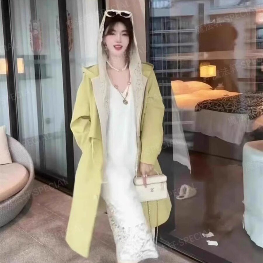 拼色蕾丝假两件风衣外套