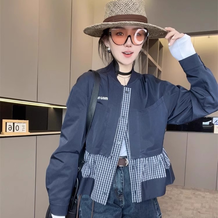 格子拼接长袖外套女2025新款
