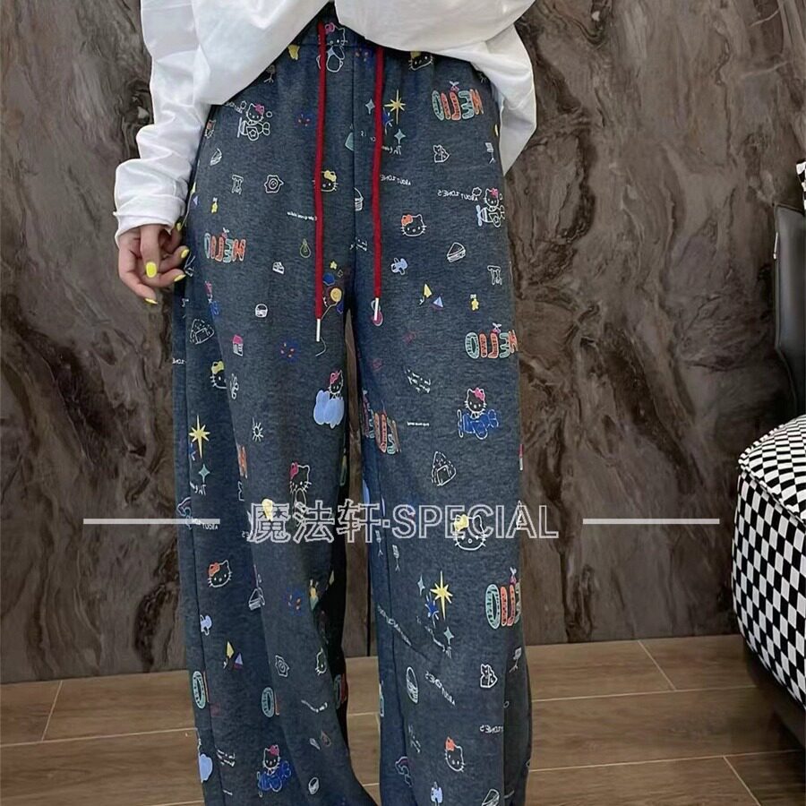 趣味印花加绒卫裤休闲裤女2025新款冬季系带高腰阔腿长裤子欧货Q