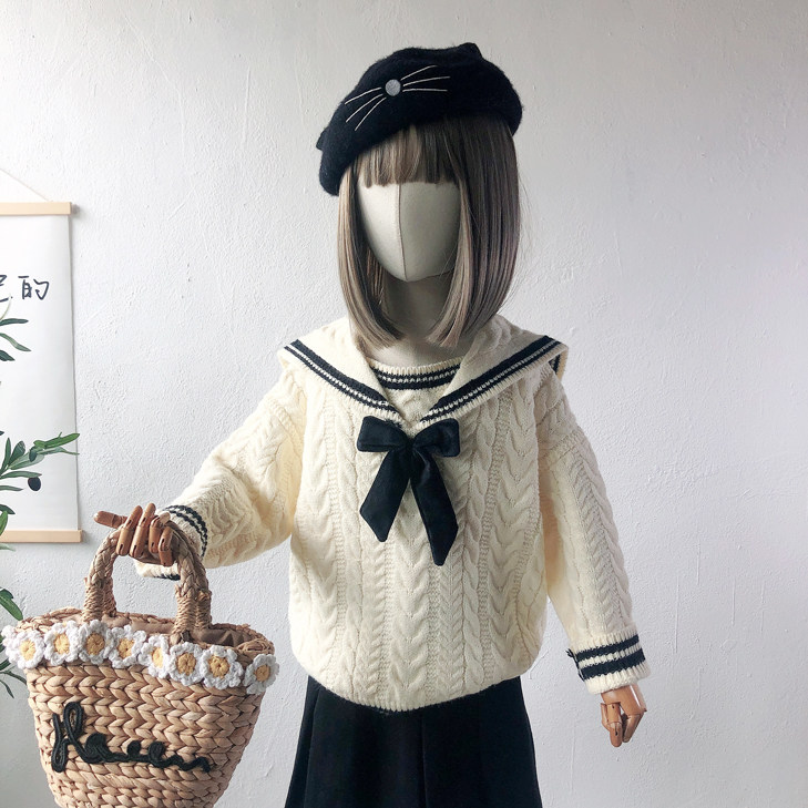 牛哆哆秋冬新款女童学院风海军领毛衣套头复古线衫韩版11911