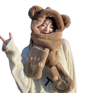 小熊帽子女冬天保暖围脖韩版连帽网红毛绒耳朵可爱三件套围巾一体