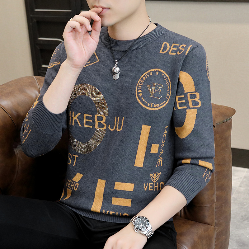 轻奢圆领休闲毛衣男士春秋新款时尚高级感烫钻针织衫潮流帅气上衣