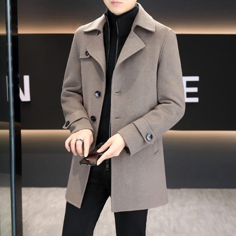 轻奢双面呢西装领羊毛风衣男中长款冬季羽绒内胆大衣英伦帅气外套