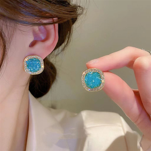 高级感蓝水晶方形耳钉女网红耳饰