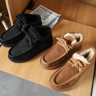 不惧严寒！皮毛一体！羊皮加磨砂牛皮鞋面男女情侣系带保暖雪地靴
